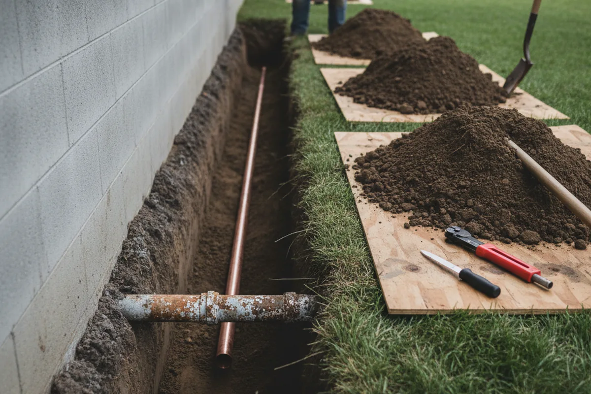 Excavated water line trench during Water Heater Repair in Hardwick